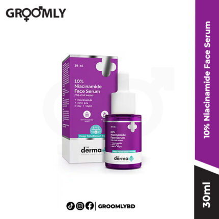 The Derma Co 10% Niacinamide Face Serum 30ml dropper bottle, an acne-treatment and oil-control serum for fading acne marks and minimizing pores
