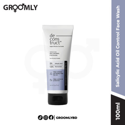 Deconstruct Salicylic Acid Oil Control Face Wash 100ml tube, showing the product's clean, minimalist packaging and gel texture.
