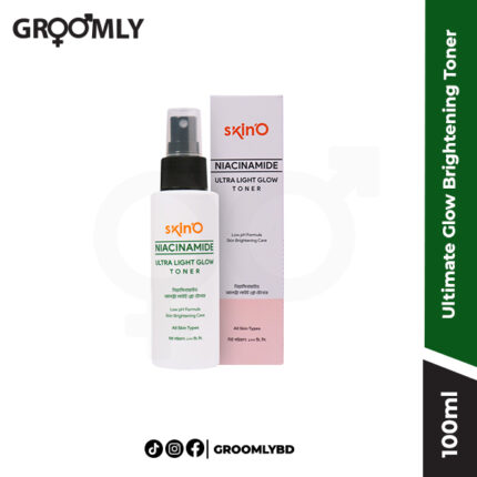 Skin'O Ultimate Glow Brightening Toner 100ml bottle, showing the clear liquid and modern, minimalist packaging of a Bangladeshi skincare product.