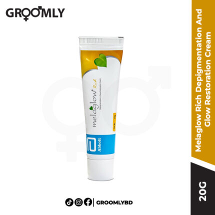 Abbott Melaglow Rich Depigmentation and Glow Restoration Cream 20g tube, showing the product's professional, medical-grade packaging.