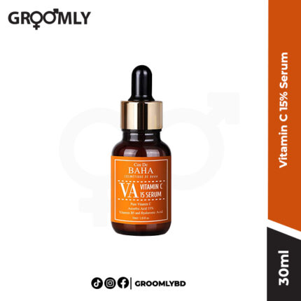 Cos De Baha Vitamin C 15% Serum 30ml (VA) glass bottle with dropper, showcasing the product's professional, minimalist packaging.
