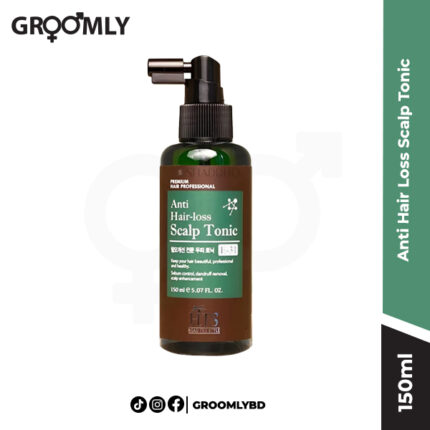 HTS Anti Hair Loss Scalp Tonic 150ml bottle and packaging against a minimalist background.