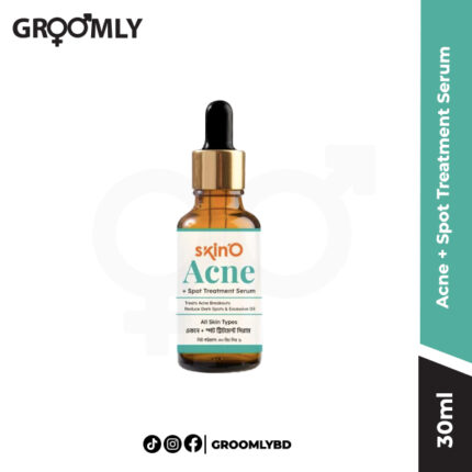 Skin'O Acne + Spot Treatment Serum 30ml bottle with a dropper, showing the clear liquid and clean, professional packaging.