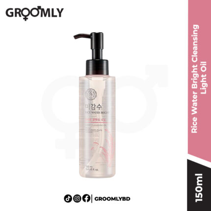 The Face Shop Rice Water Bright Cleansing Light Oil 150ml bottle, showing its clear liquid and clean, minimalist packaging.