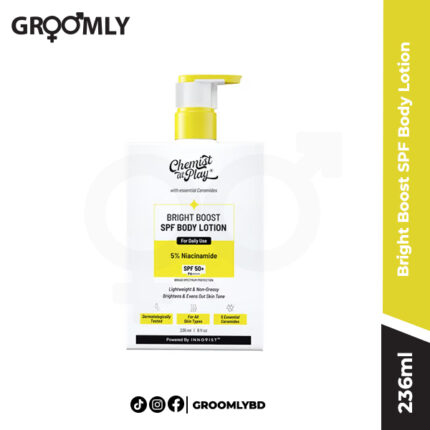 Chemist At Play Bright Boost SPF 50+ Body Lotion with Niacinamide and Ceramides in a 236ml pump bottle, a brightening and sun-protective body moisturizer.