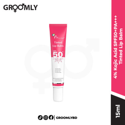 Fixderma 4% Kojic Acid SPF50+PA+++ Tinted Lip Balm 15ml tube, a sun-protective, brightening, and moisturizing lip balm with a sheer tint.