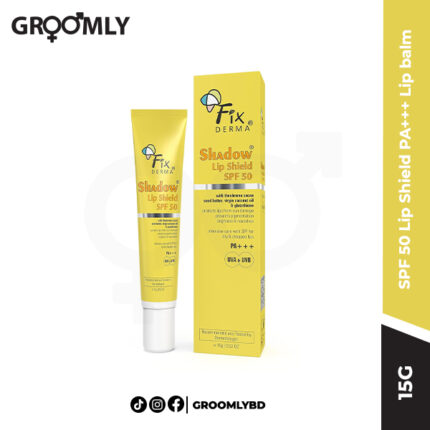 Fixderma SPF 50 Lip Shield Pa+++ Lip Balm 15g tube, a clear, sun-protective, and moisturizing lip balm for daily use.
