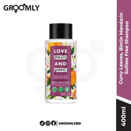 Love Beauty & Planet Curry Leaves Biotin & Mandarin long strong hair shampoo in a 400ml recycled bottle.