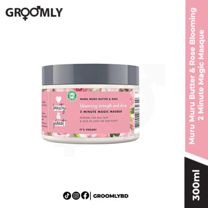 Love Beauty & Planet Muru Muru Butter & Rose Blooming Strength and Shine 2 Minute Magic Masque 300ml jar, a vegan and cruelty-free hair treatment for strong and shiny hair.