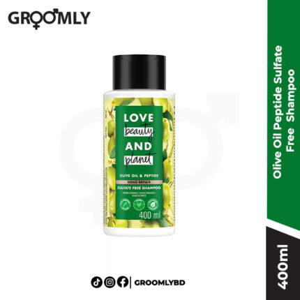 Love Beauty & Planet Olive Oil & Peptide Bond Repair Shampoo in a 400ml recycled plastic bottle.