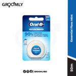 Oral-B Essential Floss with mint flavor in a 50m blue and white dispenser.