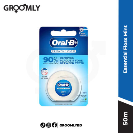 Oral-B Essential Floss with mint flavor in a 50m blue and white dispenser.
