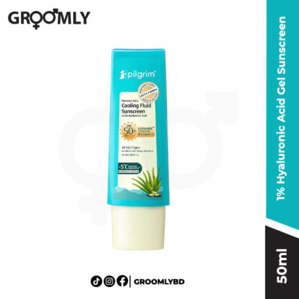 Pilgrim Korean Aloe Cooling Fluid Sunscreen 50ml bottle, a lightweight, hydrating, and broad-spectrum SPF 50+ PA++++ sunscreen with a cooling sensation.