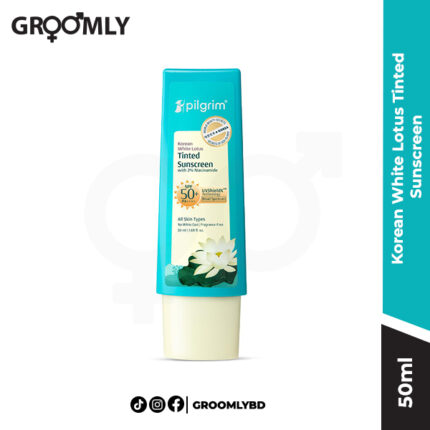 Pilgrim Korean White Lotus Tinted Sunscreen 50ml bottle, a lightweight, hydrating, and broad-spectrum SPF 50+ PA++++ sunscreen with a sheer tint for an even skin tone.