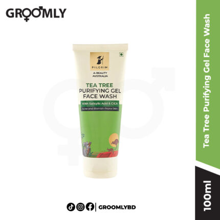 Pilgrim Tea Tree Purifying Gel Face Wash 100ml pump bottle, a gentle face wash for oily and acne-prone skin, containing tea tree and neem extracts.