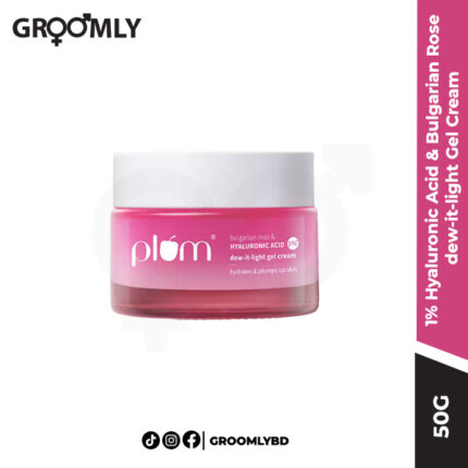 Plum 1% Hyaluronic Acid & Bulgarian Rose Dew-It-Light Gel Cream 50g glass jar, a lightweight and hydrating face moisturizer for oily and combination skin.