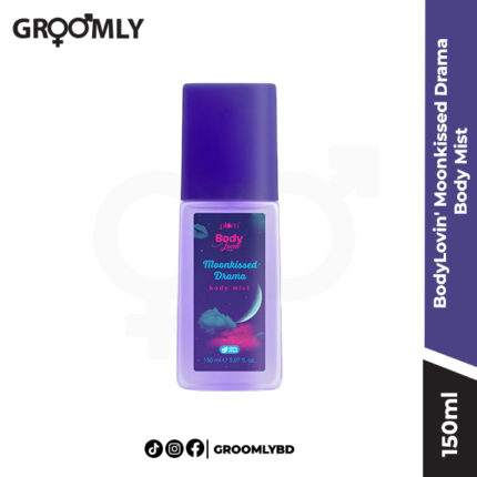 Plum Bodylovin' Moonkissed Drama Body Mist 150ml bottle, an alcohol-free fragrance spray with notes of berries, rose, and vanilla, for a long-lasting, enchanting scent.