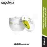 Plum Olive & Macadamia Mega Moisturizing Hair Mask 250ml jar, a vegan and cruelty-free deep conditioning treatment for dry and frizzy hair.