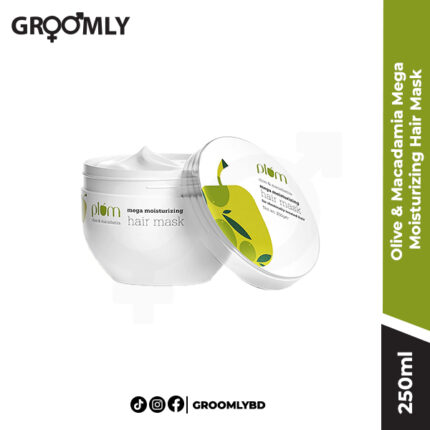 Plum Olive & Macadamia Mega Moisturizing Hair Mask 250ml jar, a vegan and cruelty-free deep conditioning treatment for dry and frizzy hair.