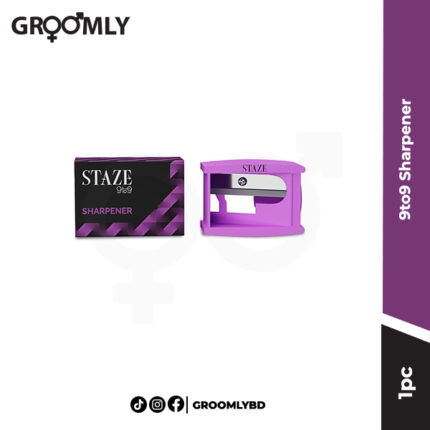 Staze 9to9 dual-hole makeup pencil sharpener in black, with a clear lid and built-in shaving collector, designed for sharpening eyeliner, lipliner, and brow pencils.