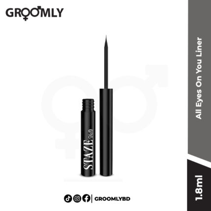 Staze All Eyes On You Liner, a black, liquid eyeliner pen with a precision tip, designed for smudge-proof, waterproof, and long-lasting matte finish eye makeup.