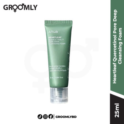 ANUA Heartleaf Quercetinol Pore Deep Cleansing Foam 25ml mini size tube, a Korean cleansing foam with heartleaf and Quercetinol for deep pore cleansing and oil control.
