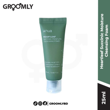 ANUA Heartleaf Succinic Moisture Cleansing Foam 25ml mini size tube, a low pH Korean foaming cleanser with heartleaf extract and succinic acid for sensitive and oily skin.