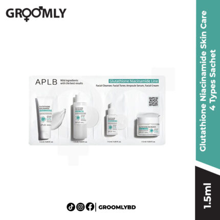 APLB Glutathione Niacinamide Skin Care 4 Types Sachet set, 4 individual 1.5ml sachets of Korean skincare products for brightening and anti-aging.