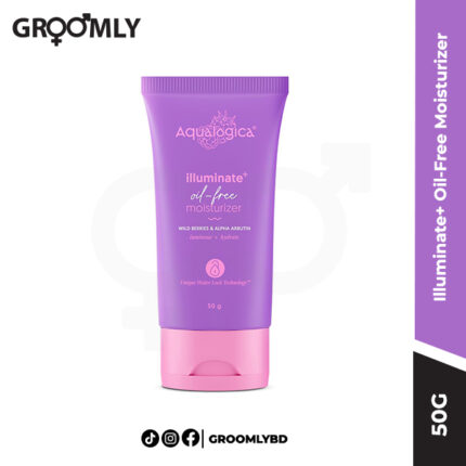 Aqualogica Illuminate+ Oil-Free Moisturizer 50g jar, an Indian oil-free face cream with Alpha Arbutin and Wild Berries for brightening and non-comedogenic hydration.