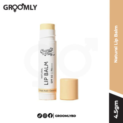Chemist At Play Natural Lip Balm 4.5gm stick, an Indian lip balm with 1% Kojic Acid, Ceramides, and SPF 50 PA++++ for brightening dark lips and sun protection.