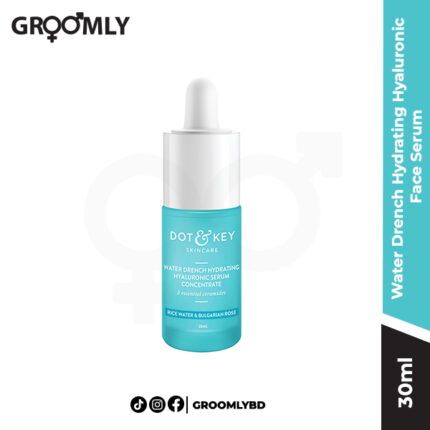 Dot and Key Water Drench Hydrating Hyaluronic Face Serum 30ml dropper bottle, an Indian hydration serum with Hyaluronic Acid and 5 Ceramides for dry, sensitive skin barrier repair.