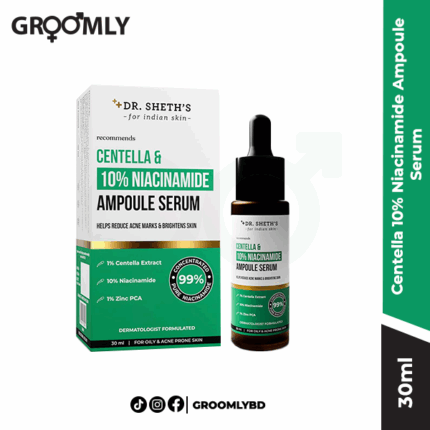Dr Sheth's Centella 10% Niacinamide Ampoule Serum 30ml dropper bottle, an Indian serum with Cica, Niacinamide, and Zinc PCA for acne-prone skin, pore minimization, and scar fading.
