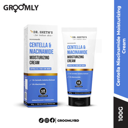 Dr Sheth's Centella Niacinamide Moisturizing Cream 100 gm tube, an Indian lightweight moisturizer with Cica and Niacinamide for oily, acne-prone skin, oil control, and pore care.