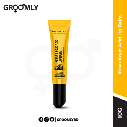 Dr Sheth's Kesar Kojic Acid Lip Balm 10 gm stick, an Indian lip balm with 1% Kojic Acid, Kesar Extract, and SPF 50+ for reducing lip darkness and UV protection.