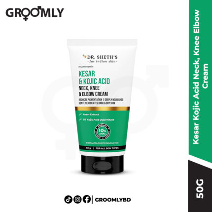 Dr Sheth's Kesar Kojic Acid Neck, Knee Elbow Cream 50 gm tube, an Indian hyperpigmentation treatment with Kesar, Kojic Acid, and 10% AHAs for brightening knees, neck, and elbows.