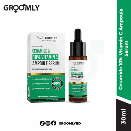 Dr Sheth's Non-Irritating Ceramide 10% Vitamin C Ampoule Serum 30ml dropper, an Indian Vitamin C serum with Ceramides for brightening, pigmentation, and sensitive skin.