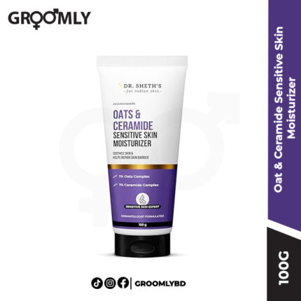 Dr Sheth's Oat & Ceramide Sensitive Skin Moisturizer 100g jar, an Indian fragrance-free face cream with 1% Oat Complex and 1% Ceramides for soothing redness and repairing dry, sensitive skin.