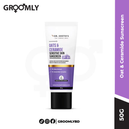 Dr Sheth's Oat & Ceramide Sunscreen 50g tube, an Indian, oil-free sunscreen with SPF 50+ PA++++, Oat Complex, and Ceramides for sensitive skin with no white cast.