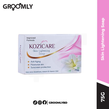 Kozicare Skin Lightening Soap 75g bar, an Indian soap for skin brightening and reducing hyperpigmentation with Kojic Acid, Glutathione, and Arbutin.
