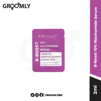 Nineless B-Boost 10% Niacinamide Serum 2ml sachet, a Korean high-concentration serum sample with Niacinamide and Zinc PCA for oil control and minimizing pores.