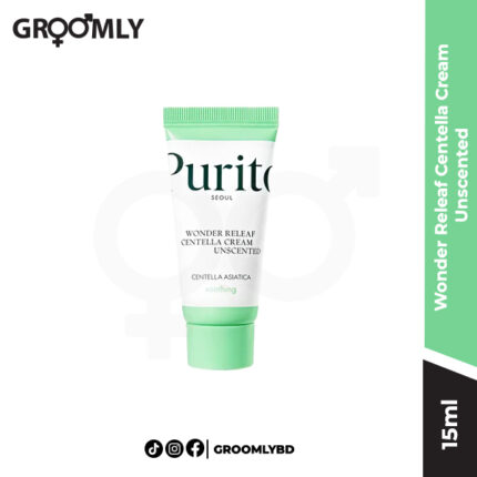 PURITO SEOUL Wonder Releaf Centella Cream Unscented 15ml tube, a mini Korean soothing moisturizer with Centella Asiatica and Squalane for sensitive, irritated, and damaged skin.