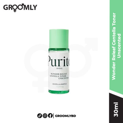 PURITO SEOUL Wonder Releaf Centella Toner Unscented 30ml bottle, a mini Korean soothing and hydrating toner with Centella Asiatica for sensitive, fragrance-reactive skin.