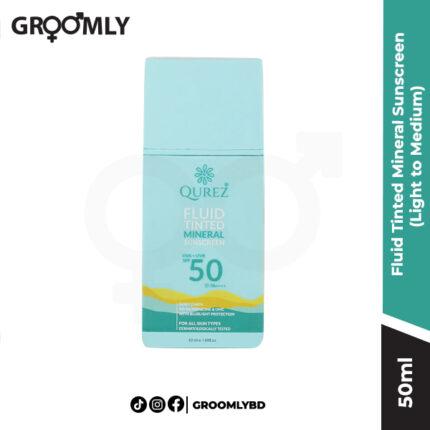 Qurez Fluid Tinted Mineral Sunscreen SPF 50 PA++++ 50ml bottle, an Indian tinted mineral sunscreen with Zinc Oxide, Ceramides, and Cica for light to medium skin tones.