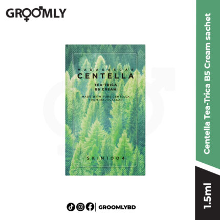 SKIN1004 Madagascar Centella Tea-Trica B5 Cream 1.5ml sachet, a Korean soothing cream sample with centella, tea tree, and panthenol for acne-prone skin.