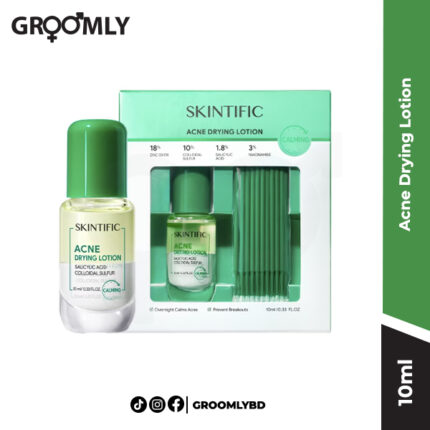 SKINTIFIC Acne Drying Lotion 10ml bi-phase spot treatment with pink sulfur sediment for rapidly drying out acne and reducing inflammation.