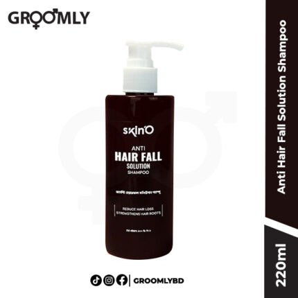 Skin'O Anti Hair Fall Solution Shampoo 220ml bottle, a Bangladeshi shampoo with Onion Extract and Coconut Milk for strengthening hair and reducing hair fall.