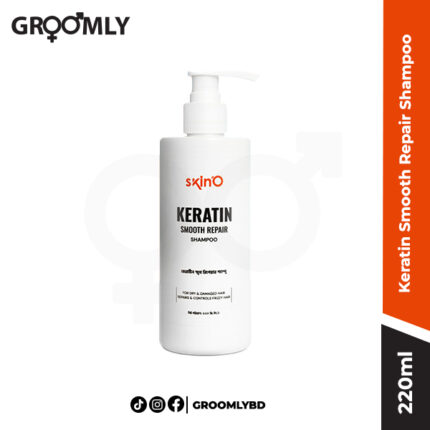 Skin'O Keratin Smooth Repair Shampoo 220ml bottle, a hair repair shampoo with keratin for smoothing frizzy and damaged hair.