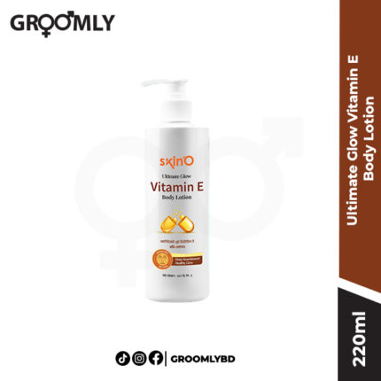 Skin'O Ultimate Glow Vitamin E Body Lotion 220ml bottle, a moisturizing and antioxidant body lotion with Vitamin E for a radiant and healthy skin glow.