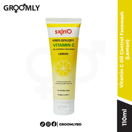 Skin'O Vitamin C Oil Control Facewash Lemon 110ml tube, a Bangladeshi face wash with Lemon Oil and Salicylic Acid for oil control, exfoliation, and reducing pores.