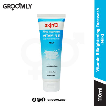 Skin'O Vitamin E Brightening Facewash Milk 110ml tube, a Bangladeshi moisturizing face wash with Milk Extract, Vitamin E, and Niacinamide for brightening and gentle cleansing.